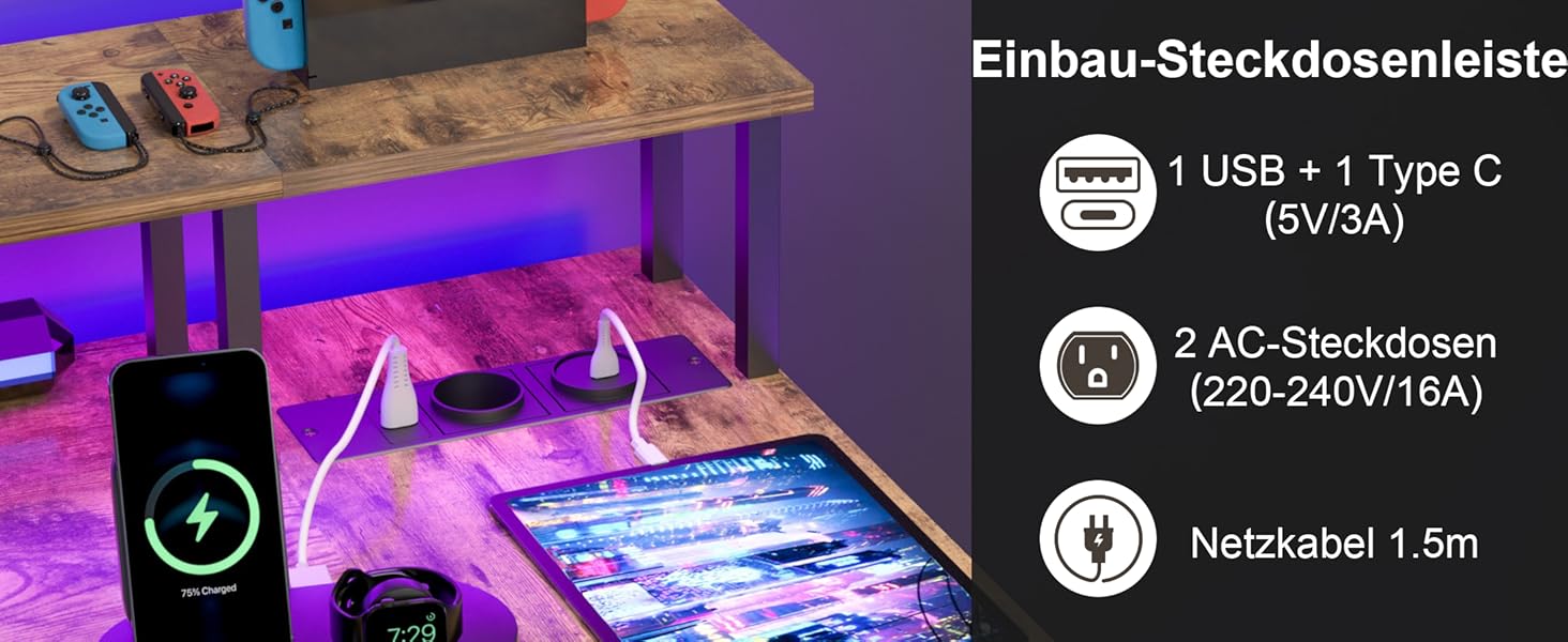 Комп'ютерний кутовий стіл BEXEVUE з розеткою та LED-підсвіткою 120x70 см. Ергономічний кутовий стіл, з відкидною полицею, для роботи, навчання та геймінгу, коричневий.