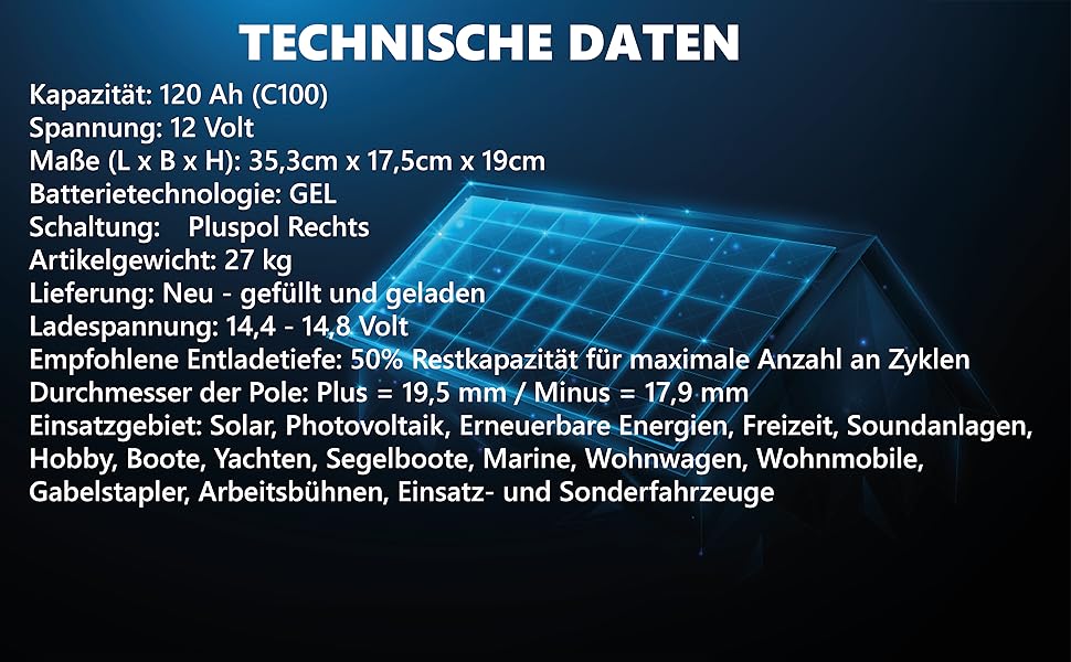 Гелева батарея 12 В 100 Ач Сонячна батарея Сонячні батареї GEL Technology 12 В Сонячна батарея Сонячна батарея Акумулятор для човнів Будинки на колесах, Каравани. (120 Ач)