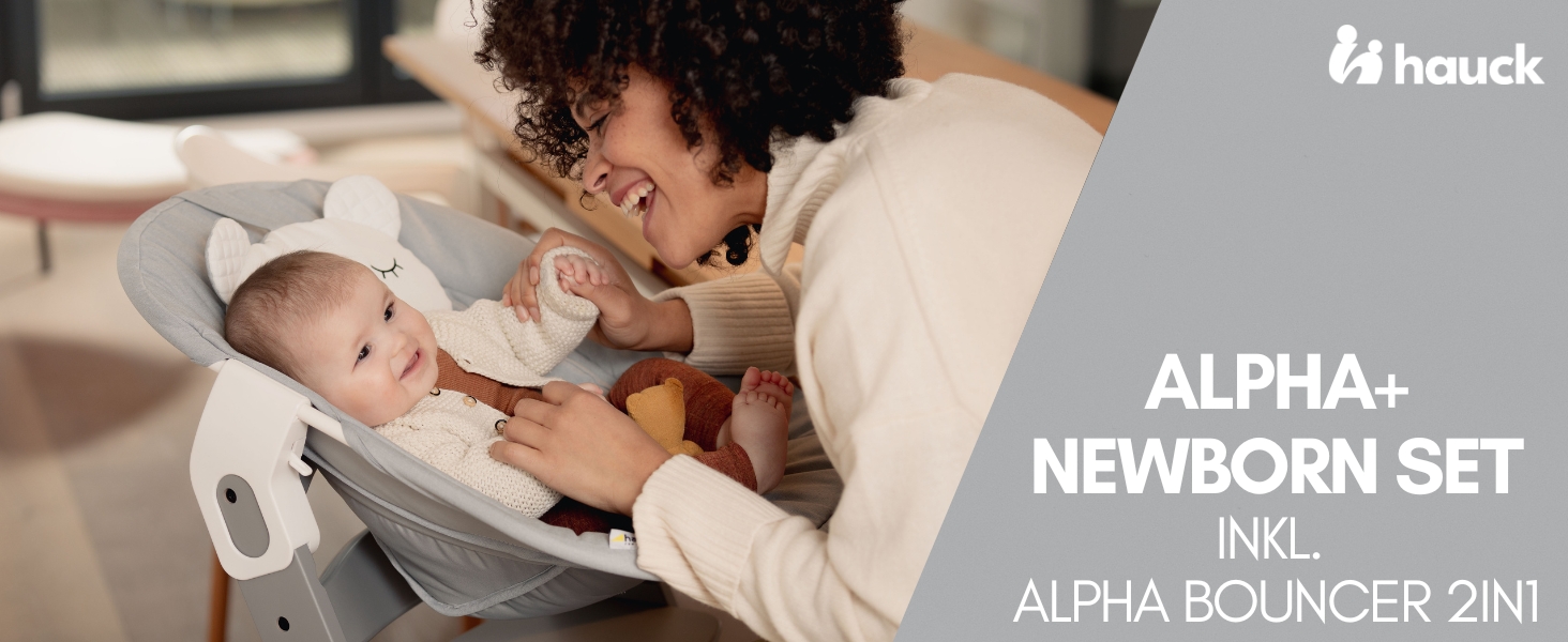 Дитячий стільчик Hauck Alpha+ Newborn Set з 2в1 гойдалкою - регульований дерев'яний стільчик для годування з народження, з подушкою та гойдалкою для новонароджених (Classic, Сірий)