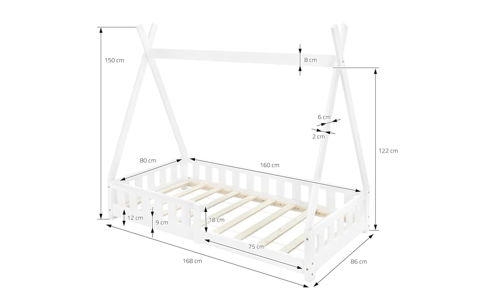 Дерев'яне ліжко-будиночок Tipi ML-Design для дітей 80x160 см з бар'єром та ламелями, з захистом від падіння, з сосни, для дівчаток та хлопчиків, ліжко-намет, індіанське ліжко