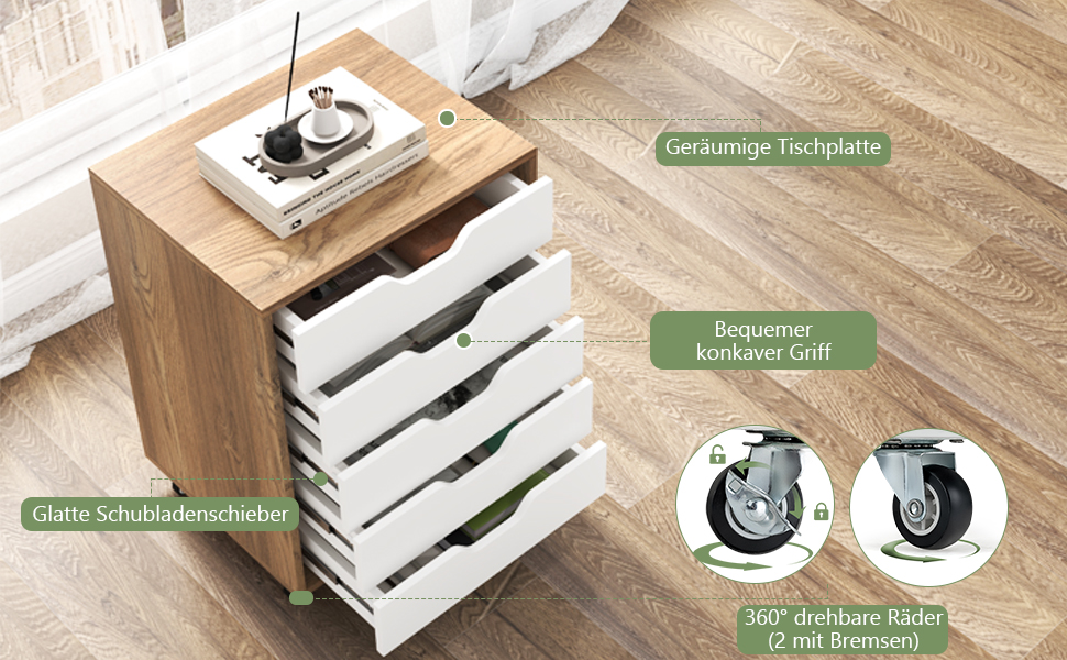 Роликовий контейнер GOPLUS з шухлядами, мобільний офісний шафка, білий/натуральний, 48 x 39,5 x 65,5 см