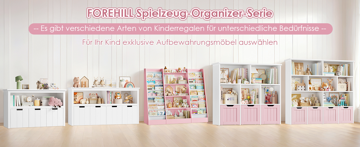 FOREHILL Дитяча полиця для іграшок та книг, стелаж для дитячої кімнати з 4 ящиками, рожевий (126x30x104 см)