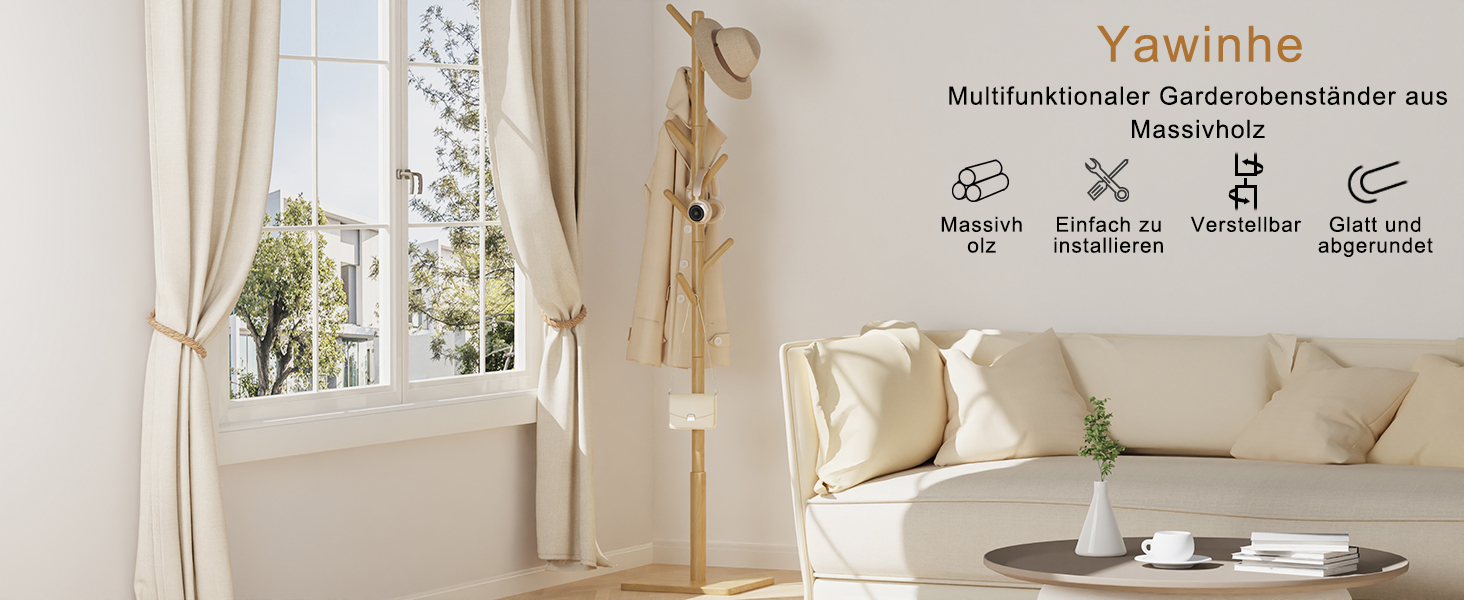 Вішалка для одягу Yawinhe у вигляді дерева з антиковзним покриттям, з масиву дерева, 180 см, 8 гачків, 3 регульовані висоти, для передпокою, 1 шт.