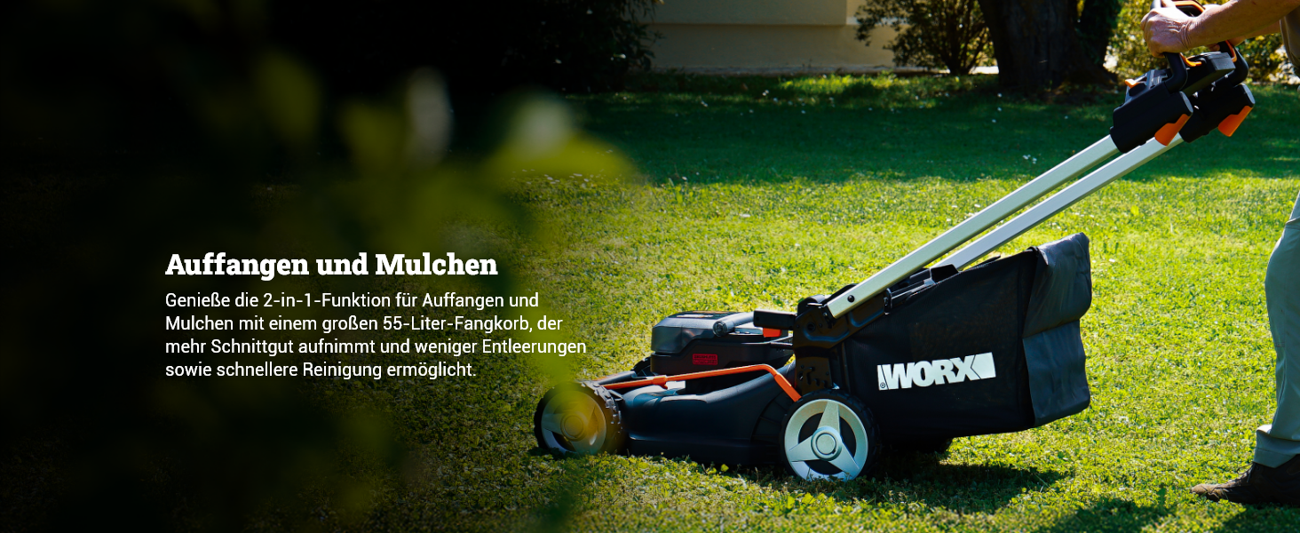 Акумуляторний газонокосарка WORX WG749E 40V PowerShare з приводним колесом, безщітковий двигун, ширина зрізу 46 см, 7 положень висоти зрізу, чорний колір, акумулятор та зарядний пристрій в комплекті