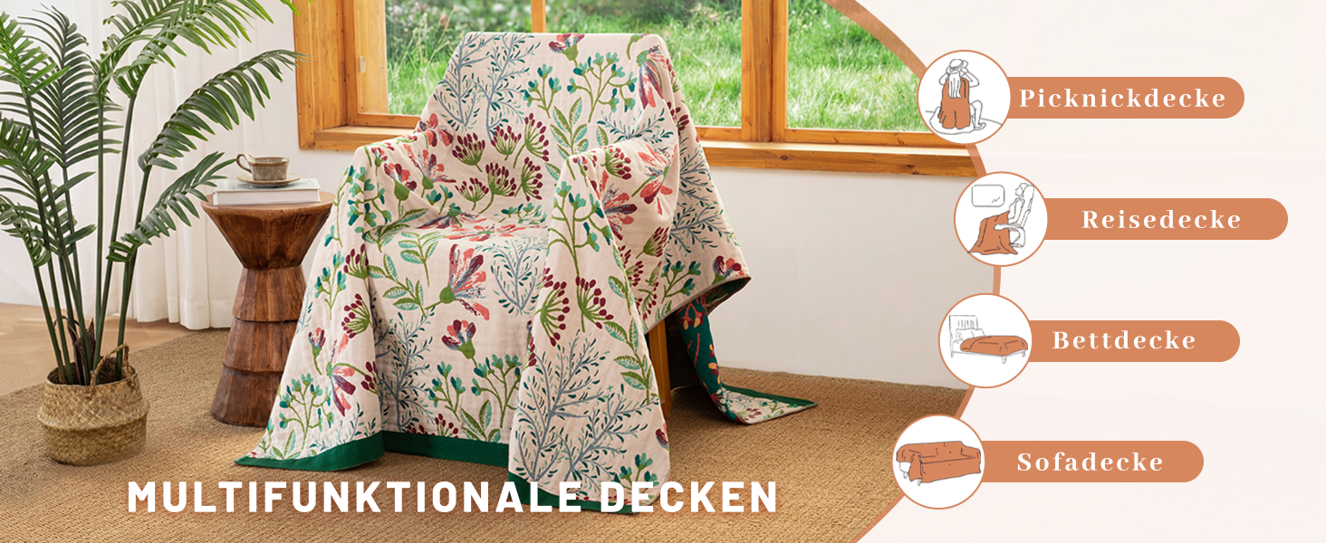 Преміум плед Бохо з бавовни муслін 150x200 см, двостороння диванна ковдра та покривало на ліжко, дихаюча тканина, смарагдово-зелений
