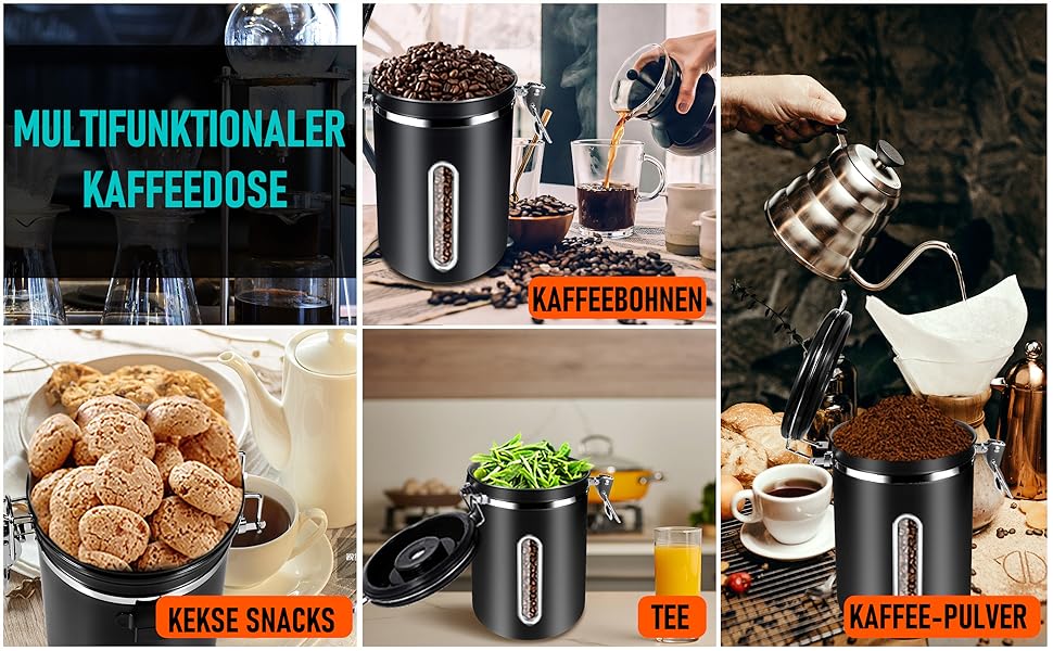 Контейнер для кави 1 кг з нержавіючої сталі з герметичним клапаном, вікном та мірною ложкою