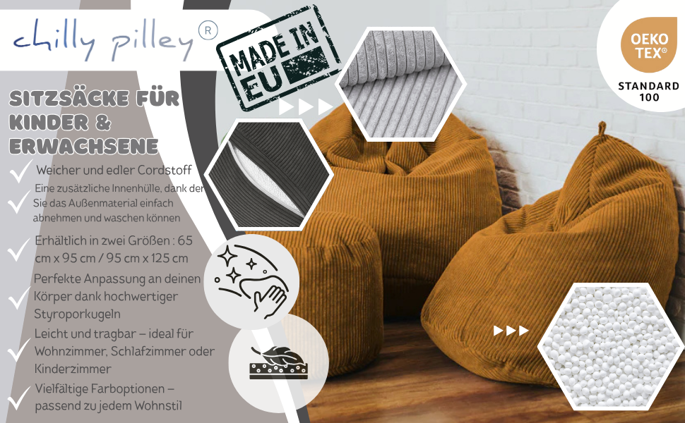 Мішок-крісло Chilly Pilley з велюру бежевого кольору 65x85 см з наповнювачем EPS - зручне безкаркасне крісло