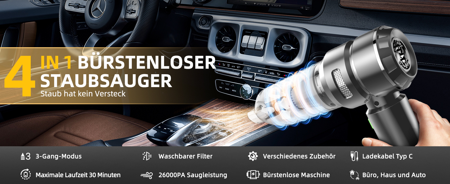 Акумуляторний ручний пилосос 26000Па 4-в-1 з безщітковим двигуном для авто, дому та шерсті тварин, 3 режими потужності, темно-сірий