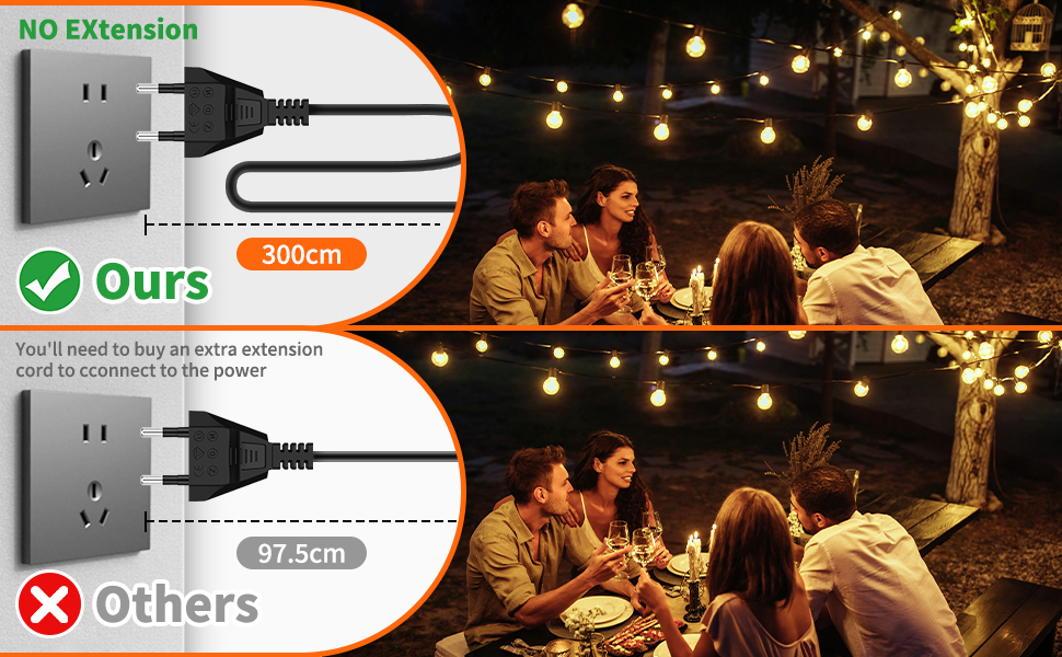 LED гірлянда на батарейках для зовнішнього використання, 10 метрів, 17+1 тепле світло G40, вологостійка IP45, для саду, балкону, тераси