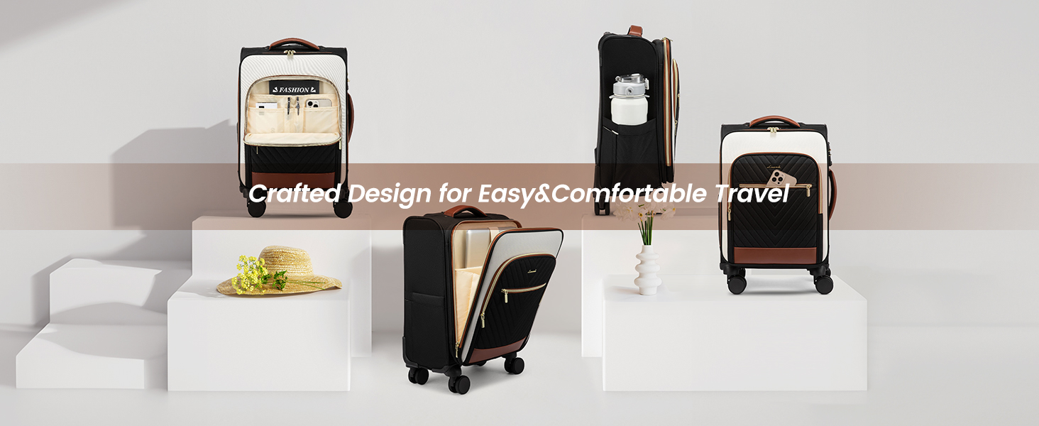 LOVEVOOK Набір валіз ручної поклажі: ручна валіза, середнього розміру, 20 дюймів, з відділенням для ноутбука 17 дюймів, легка, для жінок, подорожі, ділові поїздки, чорний, білий, коричневий