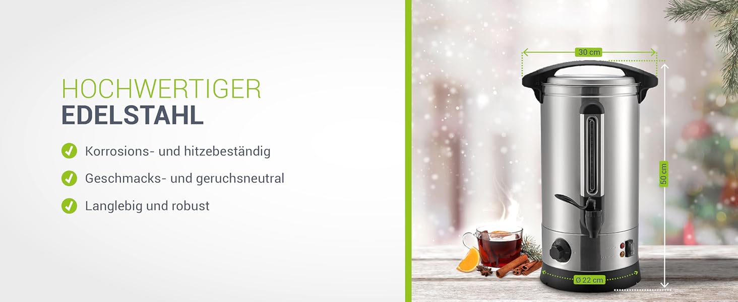 Електричний диспенсер для глінтвейну Juskys Teramo 1500W з краном, термостатом та захистом від перегріву, 30-110°C, нержавіюча сталь, 10 літрів