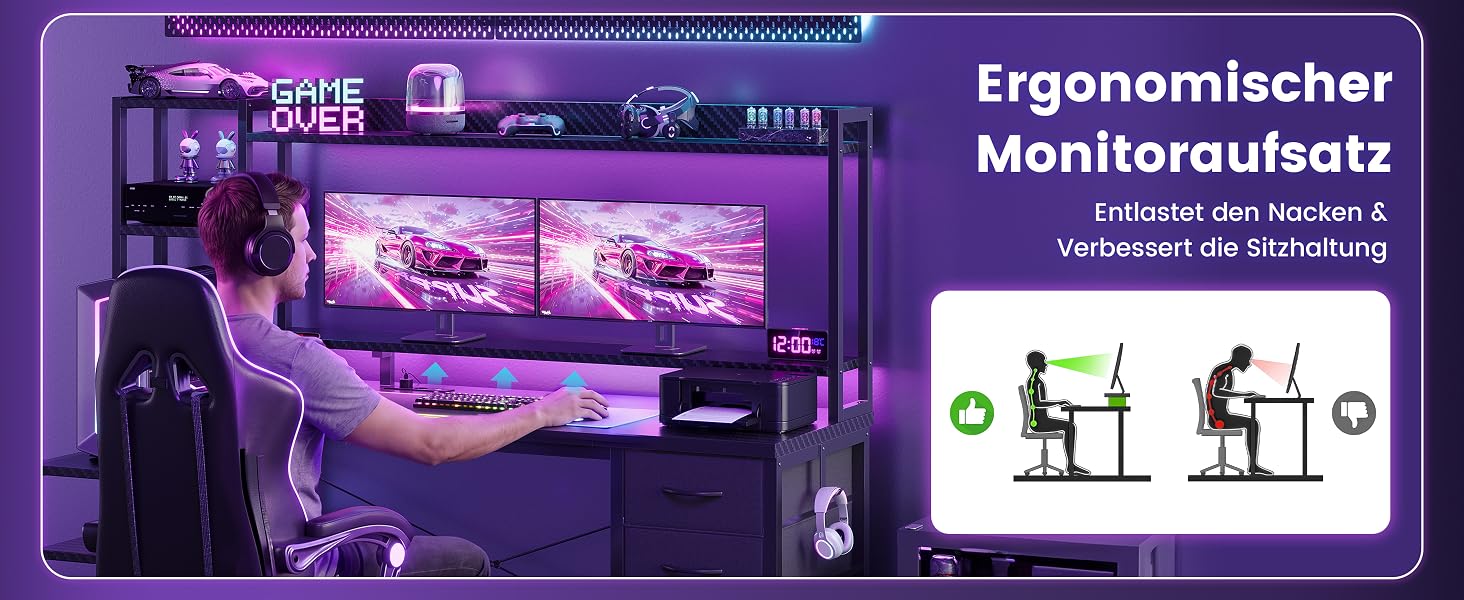 Ігровий стіл YOUDENOVA з LED-підсвіткою, шухлядами та полицями, 150x48 см, з розеткою та USB-портами, підставкою для монітора та тримачем для навушників, вуглецеве волокно, чорний
