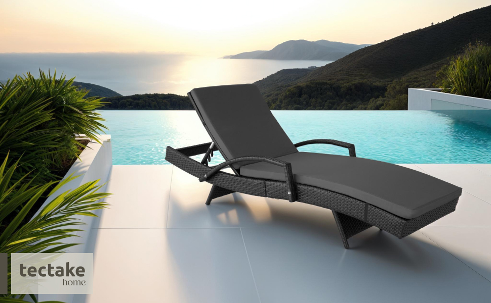 Шезлонг Tectake® з поліротангу, регульована спинка, для саду, балкону та тераси - чорний