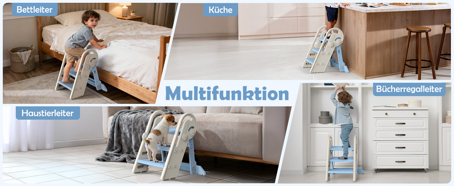 Дитячий підсвічник Onasti Tritthocker: регульована висота, 3 сходинки, з ручками, складний, антиковзний, для кухні, ванної, туалету (сірий, сіро-білий, блакитний)