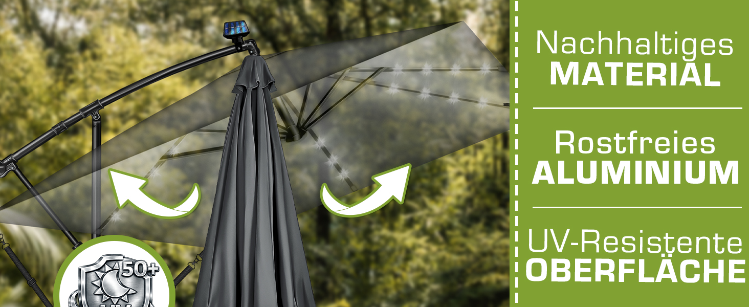 Прямокутна алюмінієва сонячна парасолька tillvex® 330 см з LED-підсвіткою, ручкою та чохлом, антрацит — підвісна садова парасолька з захистом від UV та вітру