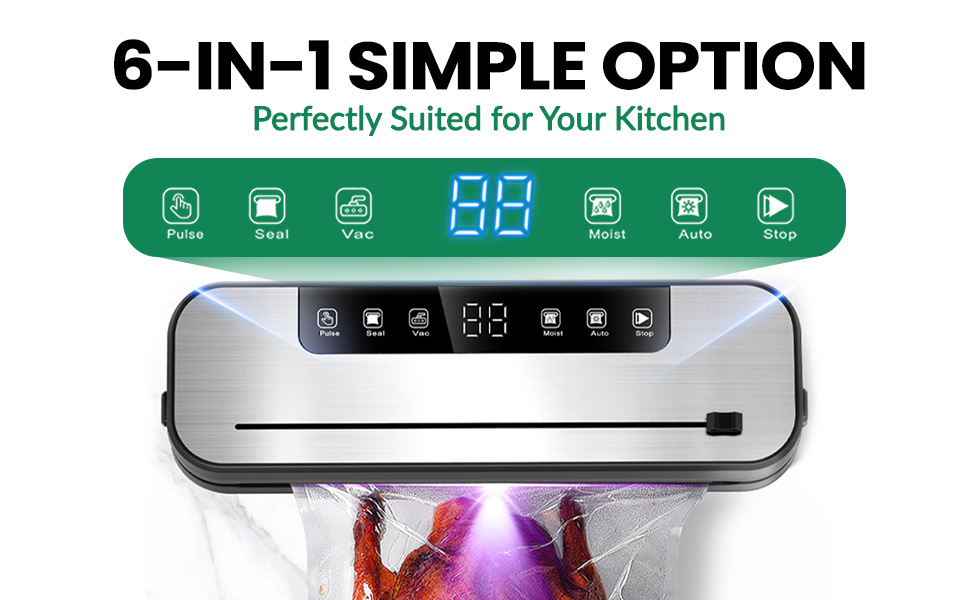 Вакууматор для продуктів 6-в-1, професійний автоматичний вакуумний пакувальник з різаком, цифровим таймером та набором з 50 пакетів і шланга, 75КПа
