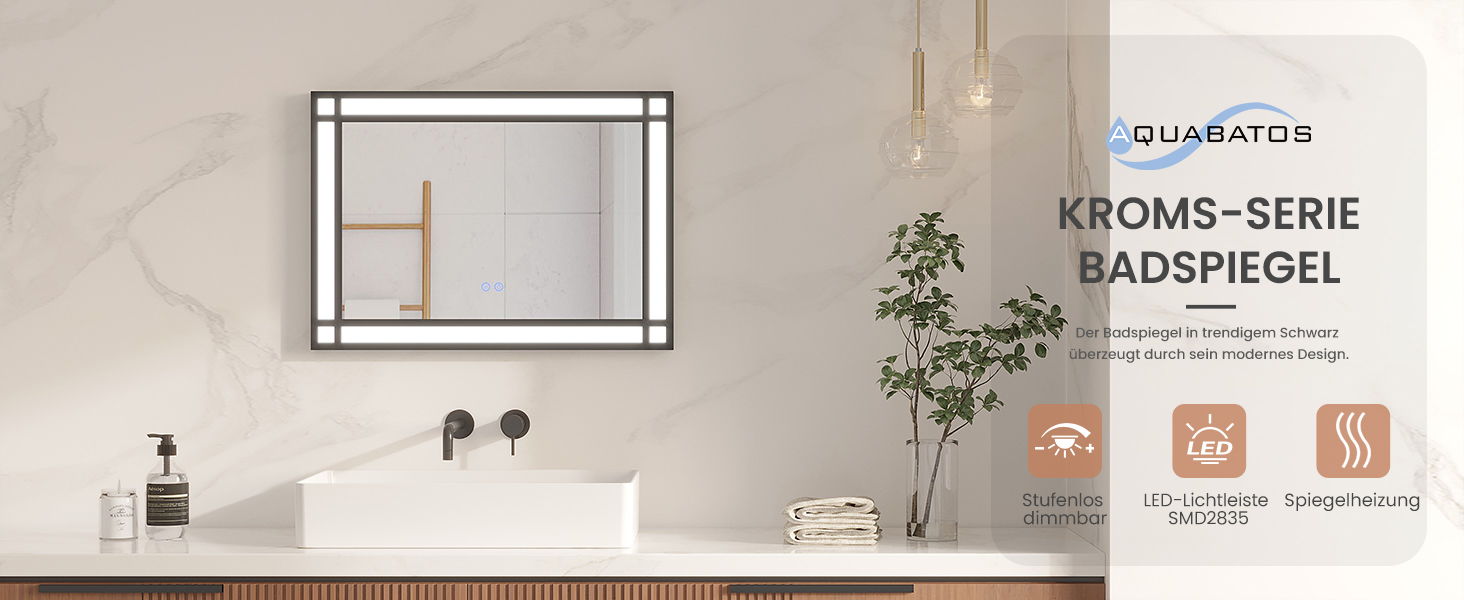 Дзеркало для ванної кімнати AQUABATOS LED з підсвічуванням 50x70 см, імітація вікна, сенсорне регулювання, антизапар, чорний алюмінієвий каркас, індустріальний стиль