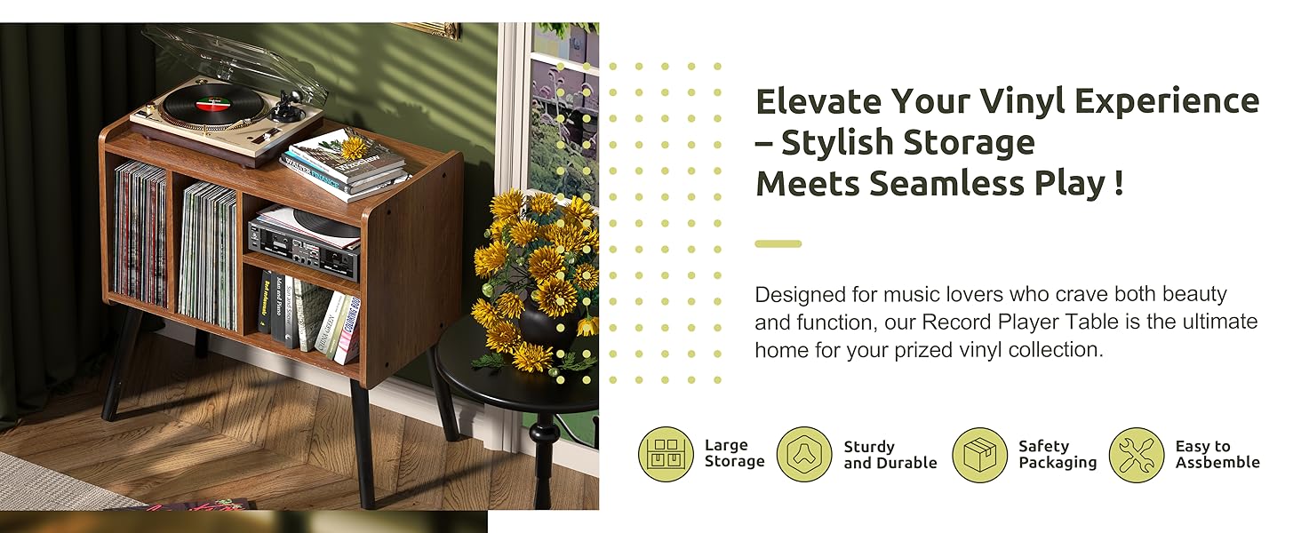Стіл для програвача, стійка для програвача в стилі середини століття з місцем для зберігання вінілу (до 150+ платівок), шафа для вінілових платівок з регульованими полицями, дуб