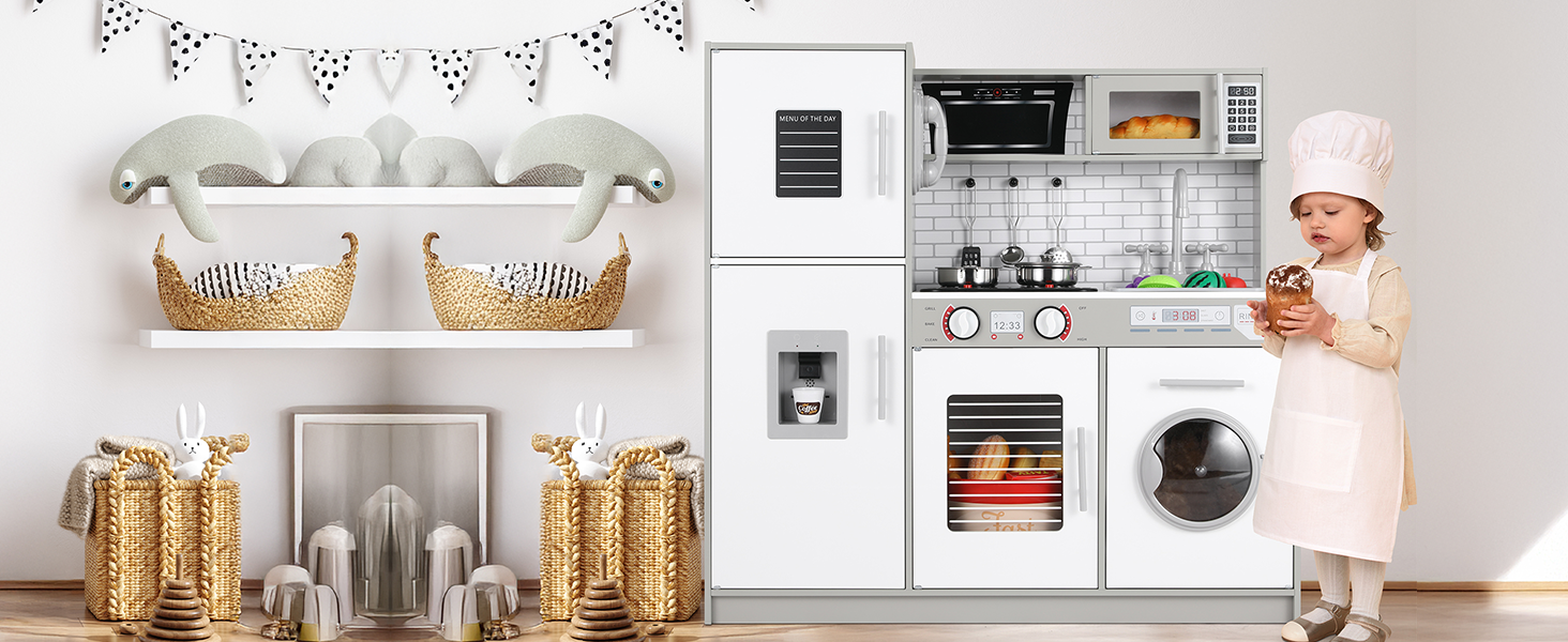 Дерев'яна дитяча кухня MAMIZO з підсвіткою та звуком, 82x80x25 см. Комплектація: аксесуари. Підходить для дітей від 3 років. Білий (сіро-білий) колір.