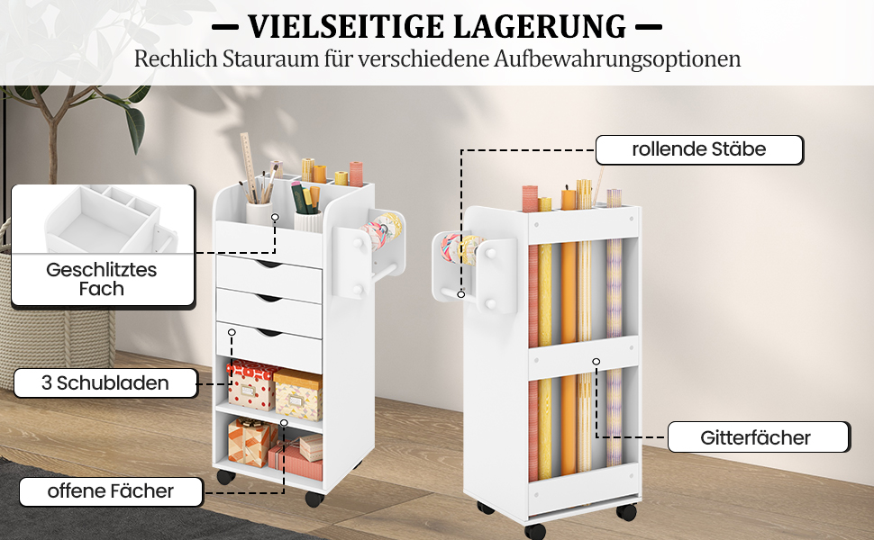 Роликовий контейнер COSTWAY з 3 висувними ящиками, робочий візок з 2 ручками та 3 полицями, дерев'яний шафка на колесах, багатофункціональний візок для офісу/кабінету (білий)