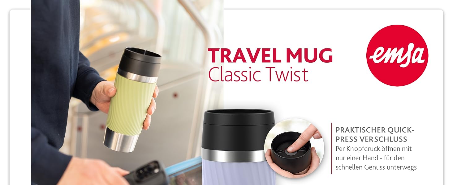 Термокружка Emsa Travel Mug Classic Twist 0.36 л, лавандова, з кришкою Quick-Press, для гарячих та холодних напоїв