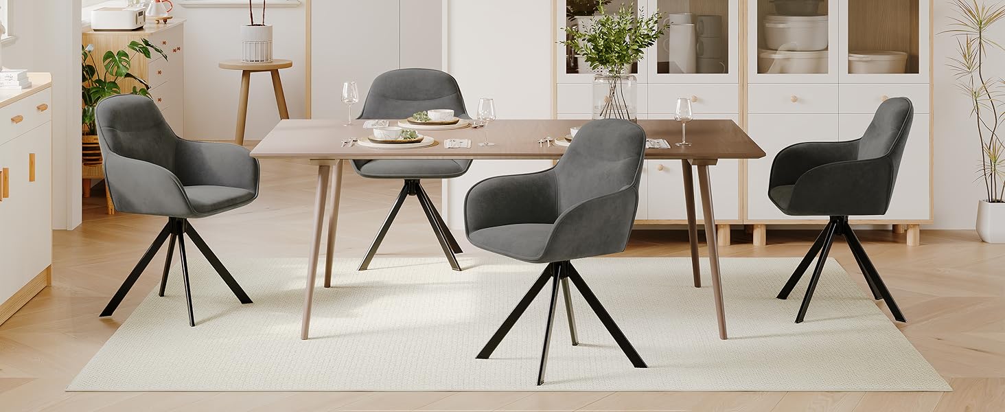 Набір з 6 обертових кухонних стільців з підлокітниками, м'який стілець з велюру, для вітальні та їдальні, темно-сірий