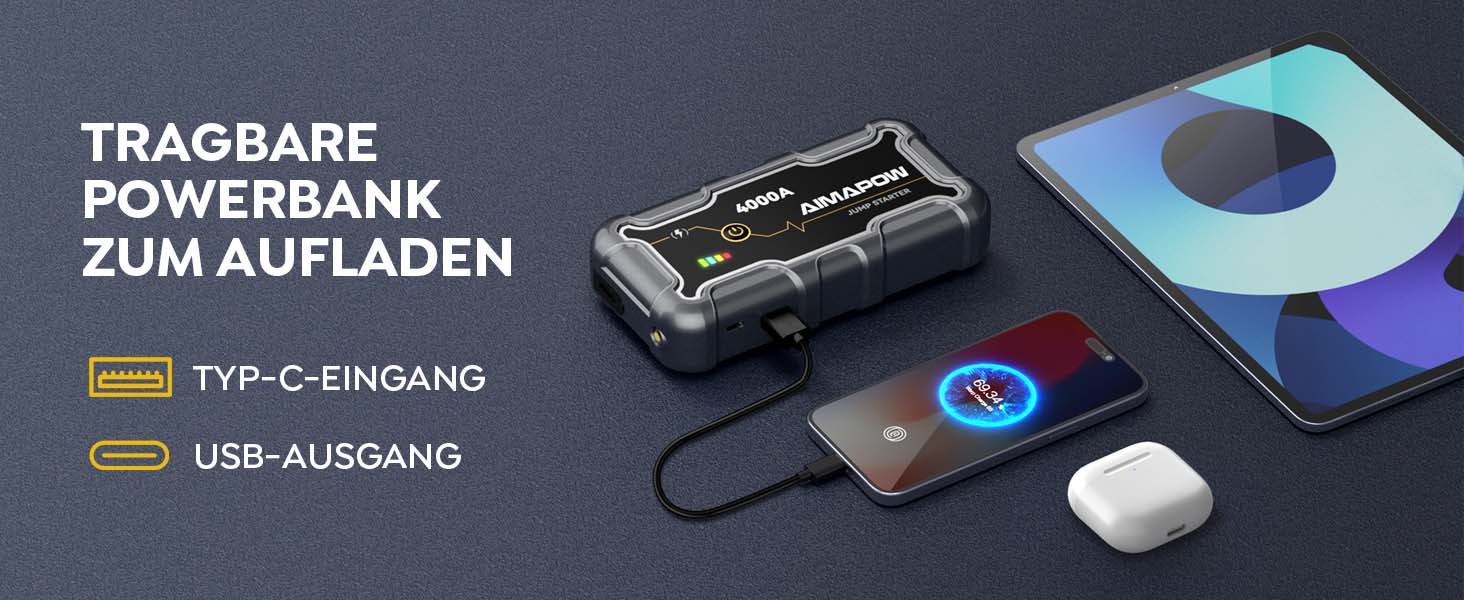 Powerbank Starthilfe AIMAPOW для автомобіля з компресором 160PSI, 27000mAh, 4000A, для бензинових та дизельних двигунів (до 12.0L), LED-ліхтар 600 LUM