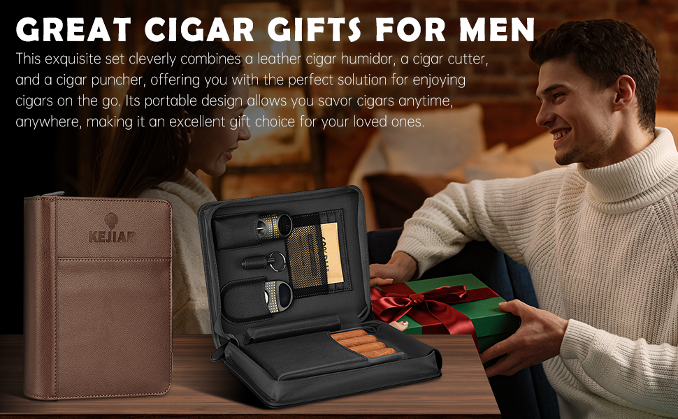 KEJIAR: Набір для зберігання сигар - Humidor з різаком, пуншем та зволожувачами, коричневий