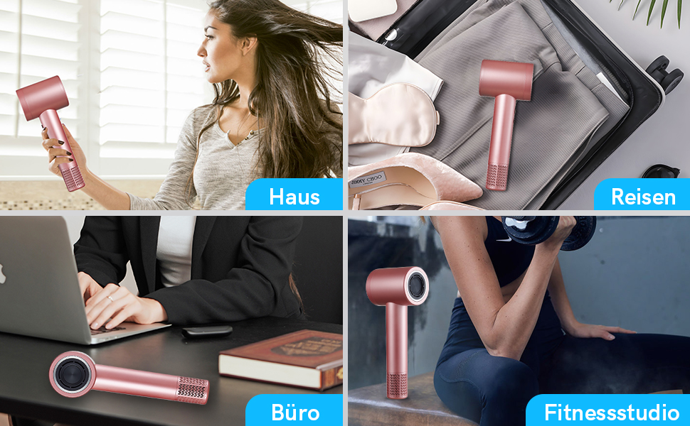 Бездротовий фен з іонізацією, 110 000 обертів/хв, 4 режими заряджання, магнітне сопло, для подорожей, жінок, дітей, активного відпочинку, кемпінгу, пляжу (рожевий)