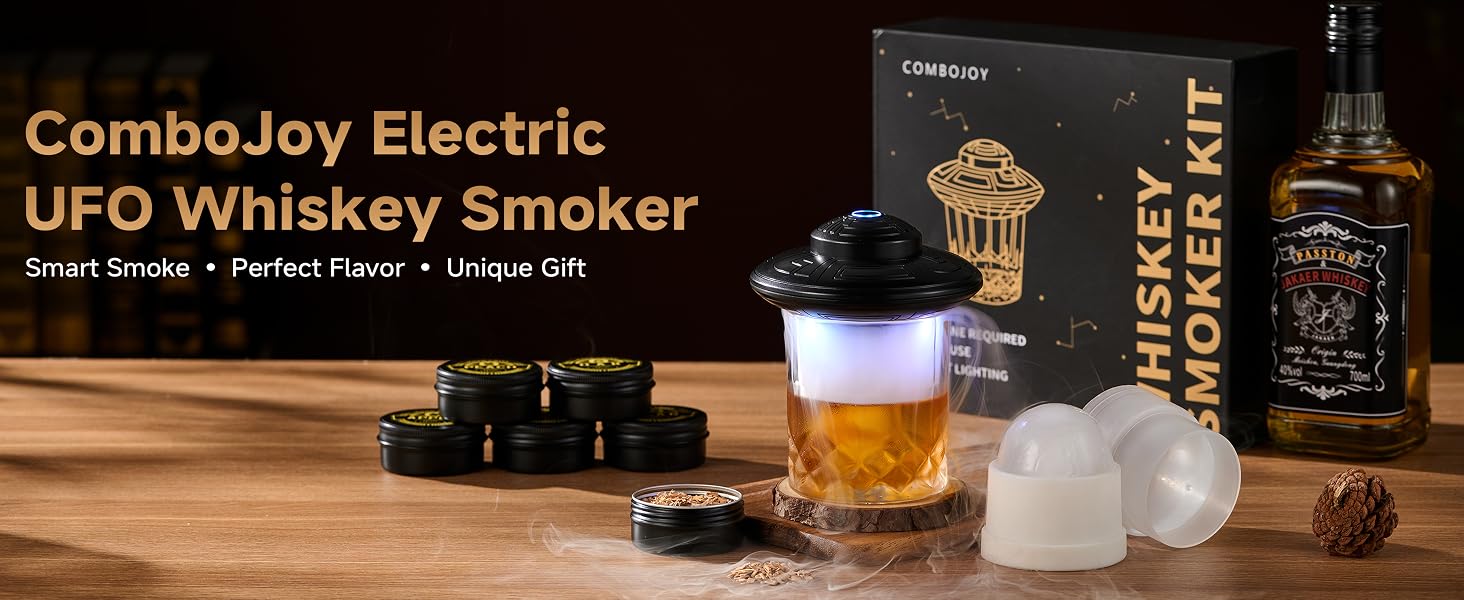 Електричний набір для копчення віскі ComboJoy з LED-підсвіткою, 6 видами тріски, келихом та формою для льоду, акумуляторний смокер для коктейлів та бурбону, чорний