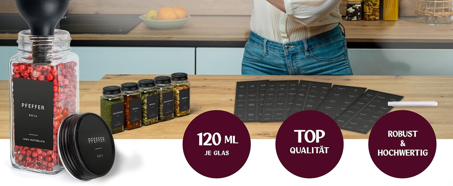 Набір скляних банок для спецій [24 x 120 мл] з 301 етикеткою (німецька мова) | Матові чорні кришки | Контейнери для спецій з металевими кришками та дозатором. Кутові скляні банки, набір 24 шт, чорний колір - 24 - чорні етикетки