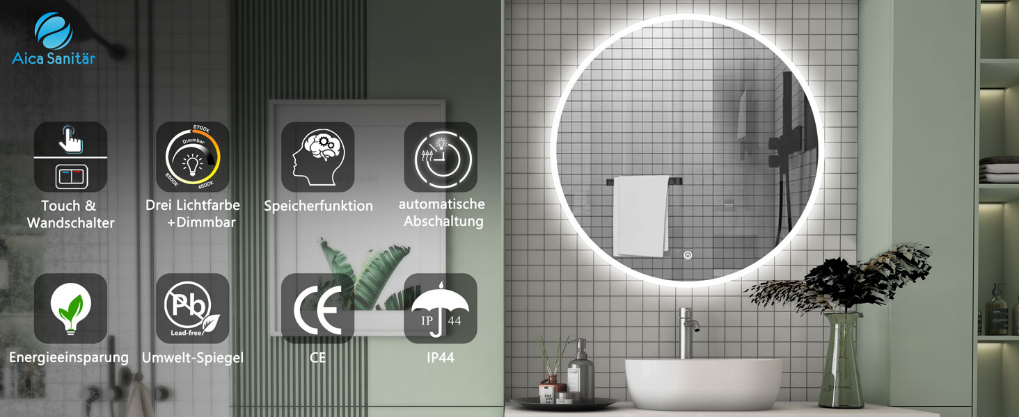 Дзеркало для ванної кімнати Aica LED кругле 50 см, регулювання кольору (холодне/нейтральне/тепле), диммування, функція пам'яті, сенсорне управління, запобігання запотіванню, автоматичне вимкнення (40x40 см)