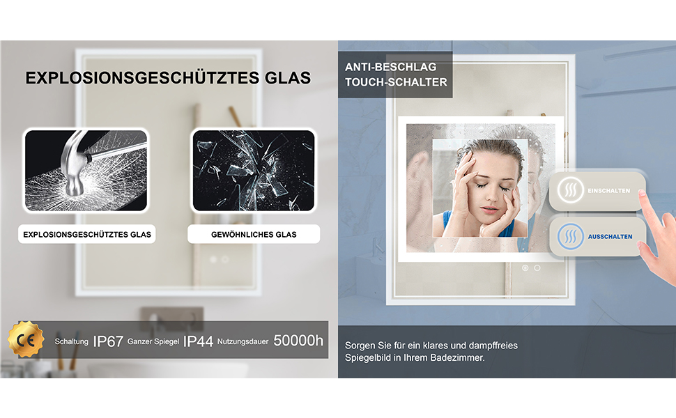 Дзеркало для ванної кімнати Puchika з підсвічуванням LED, 50x70 см, настінне, регульоване, тепле/холодне/нейтральне світло 3000-6400K, IP44, сенсорне керування, антизапар, годинник