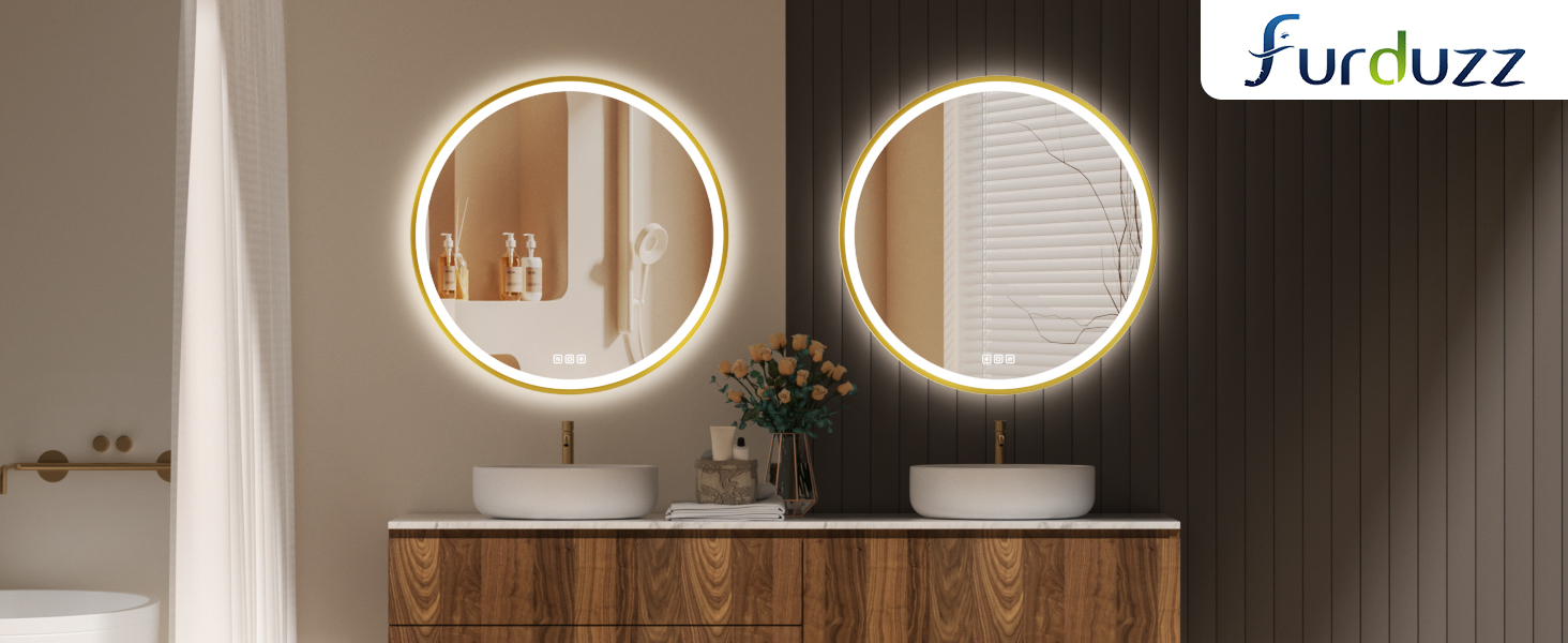 Дзеркало для ванної кімнати Furduzz з LED-підсвічуванням, 700 мм, сенсорне керування, диммування, 3 кольори, протизапотівання, пам'ять, золота рамка (60x60 см)