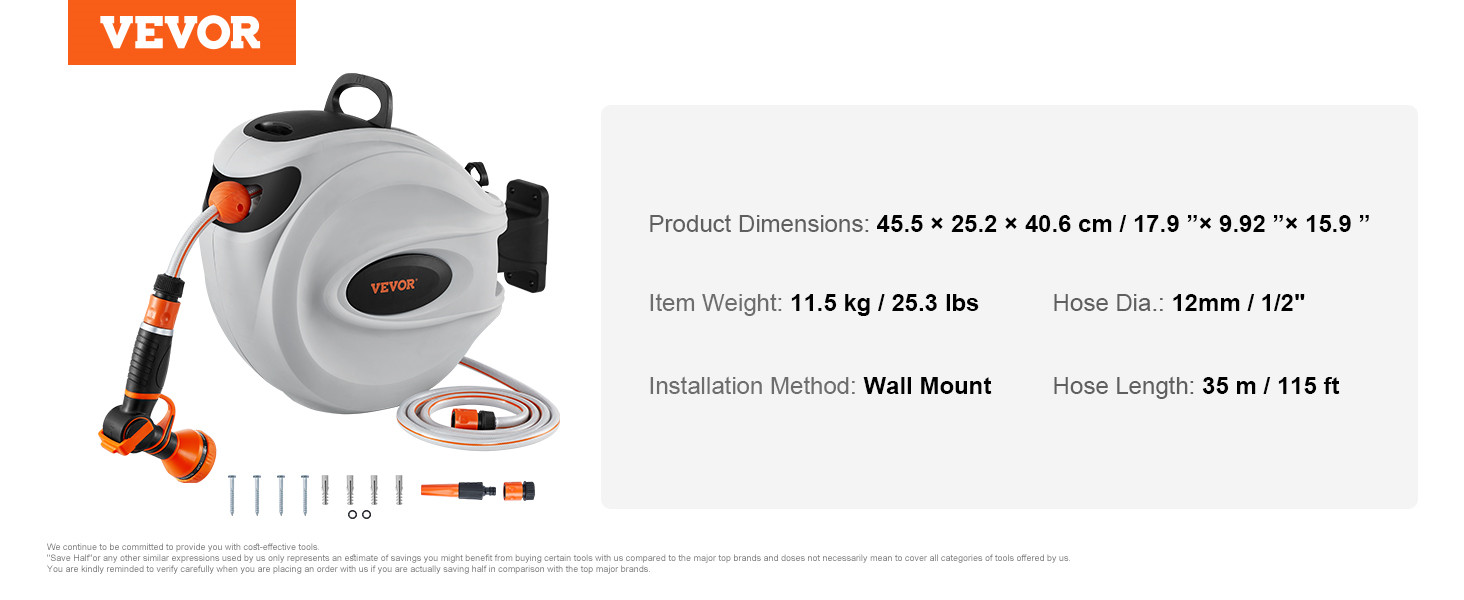 Шланг для поливу VEVOR 35 м з підключенням 12 мм з кріпленням на стіну, ручкою та автоматичним змотуванням. Комплектується розпилювачем з 9-ма режимами. Ідеально для поливу та миття автомобіля.