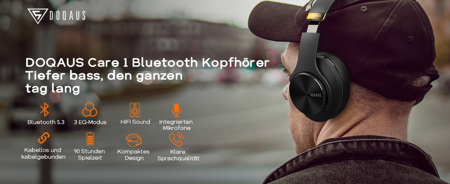 Накладні навушники DOQAUS Bluetooth, 90 годин, 3 режими еквалайзера, HiFi, Складні, Мікрофон, Чорний/Золотий