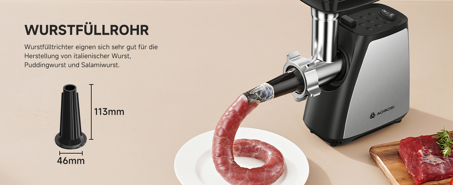 М'ясорубка електрична AAOBOSI 3-в-1, 2800 Вт, нержавіюча сталь: з насадками для ковбас та кубебе, 2 ножі, 3 решітки для дому