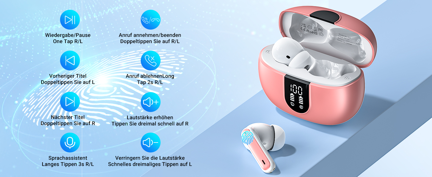 Бездротові навушники AOVOCE Bluetooth 5.3 з 4 мікрофонами ENC, LED, HiFi, 42h, IP7, Pink