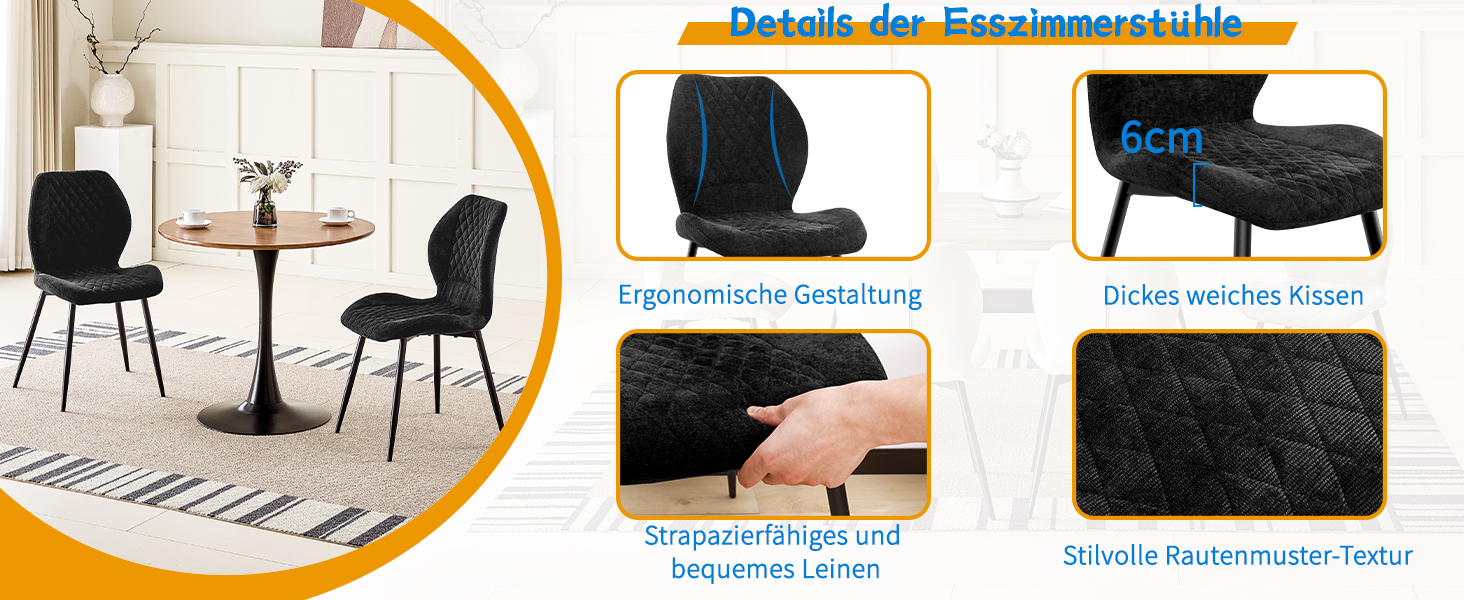 Набір з 4/6 стільців для їдальні, кухні, вітальні, чорного кольору, ергономічні, оббивка з льону