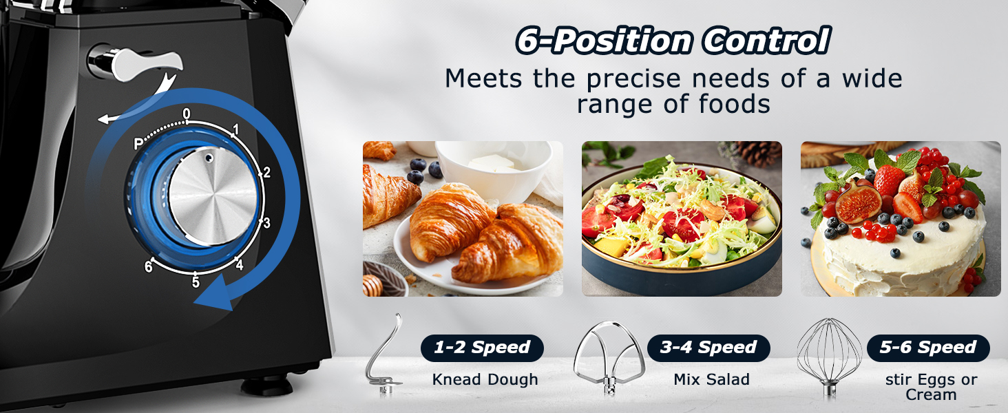Кухонна машина Cheflee 2000W: потужна планетарна міксер для тіста та збивання, 6 швидкостей, 7.2 л чаша з нержавіючої сталі, гак та вінчик, захист від бризок, чорний