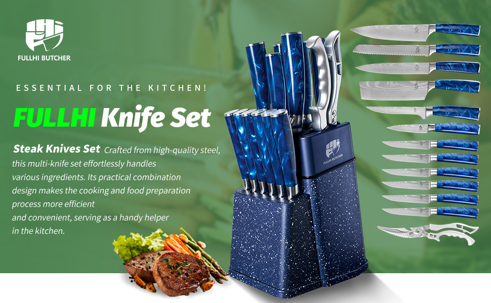 Набір кухонних ножів Fullhi 14 предметів з бруском, набір кухонних ножів, ножі для стейку, кольорова ручка, подарунок для чоловіків та жінок (блакита смола, 14 шт.)