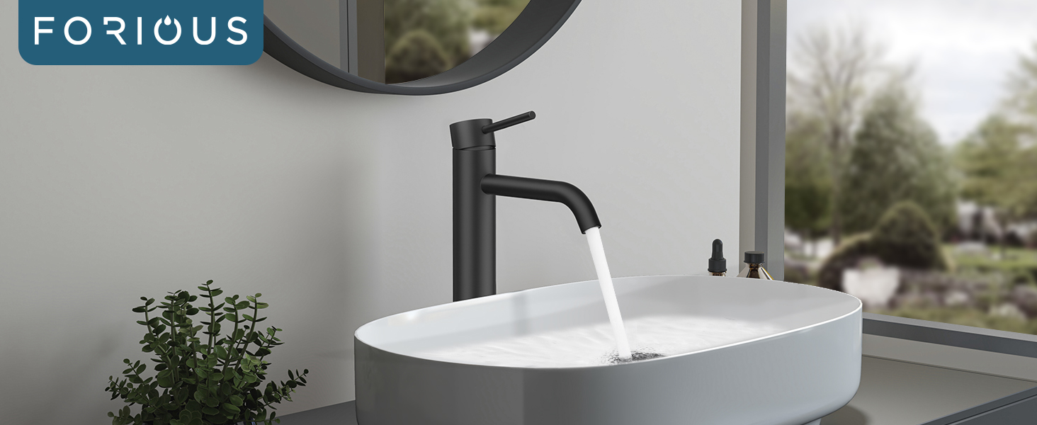 Змішувач для ванної кімнати FORIOUS з набором для зливу, чорний матовий, висота виливу 190 мм, однорідний змішувач для раковини