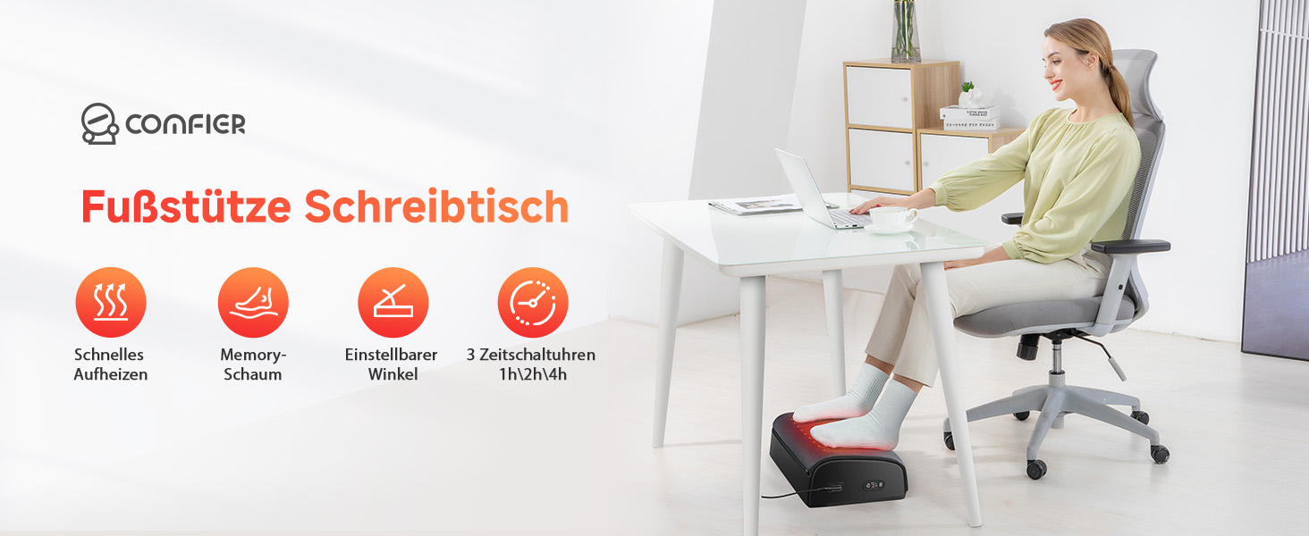 Підставка під ноги Comfier для столу, 2 режими температури (до 60°C), ергономічна підставка під ноги для офісу/дому, 2 регульовані висоти, 44x13x28 см
