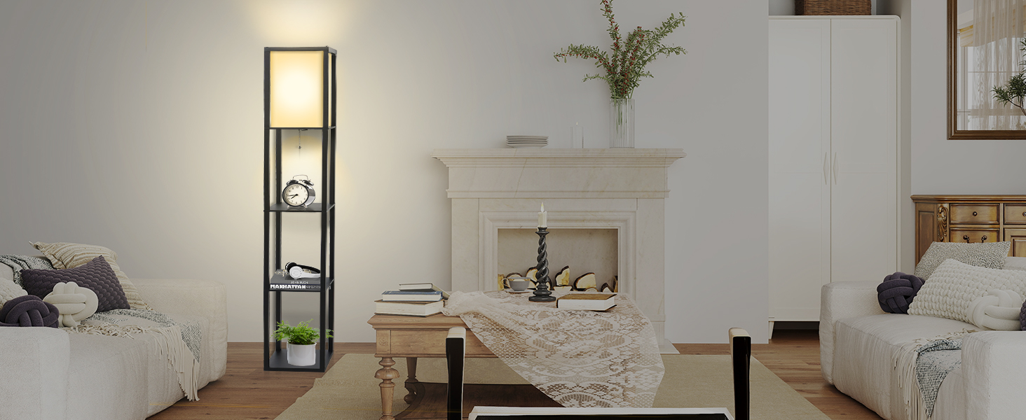 Торшер Fullwatt з дерев'яною полицею та підсвічуванням для спальні та вітальні (чорний)