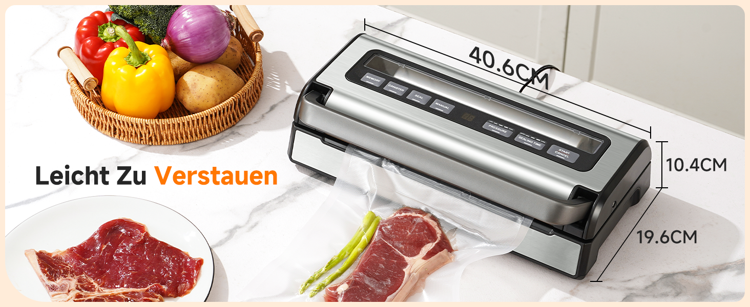 Вакууматор для продуктів 9-в-1 з потужністю 95 кПа, регулюванням часу та тиску, функцією пам'яті, подвійним запаянням, вбудованим різаком та відсіком для пакетів, корпус із нержавіючої сталі, у комплекті 2 ролини та шланг