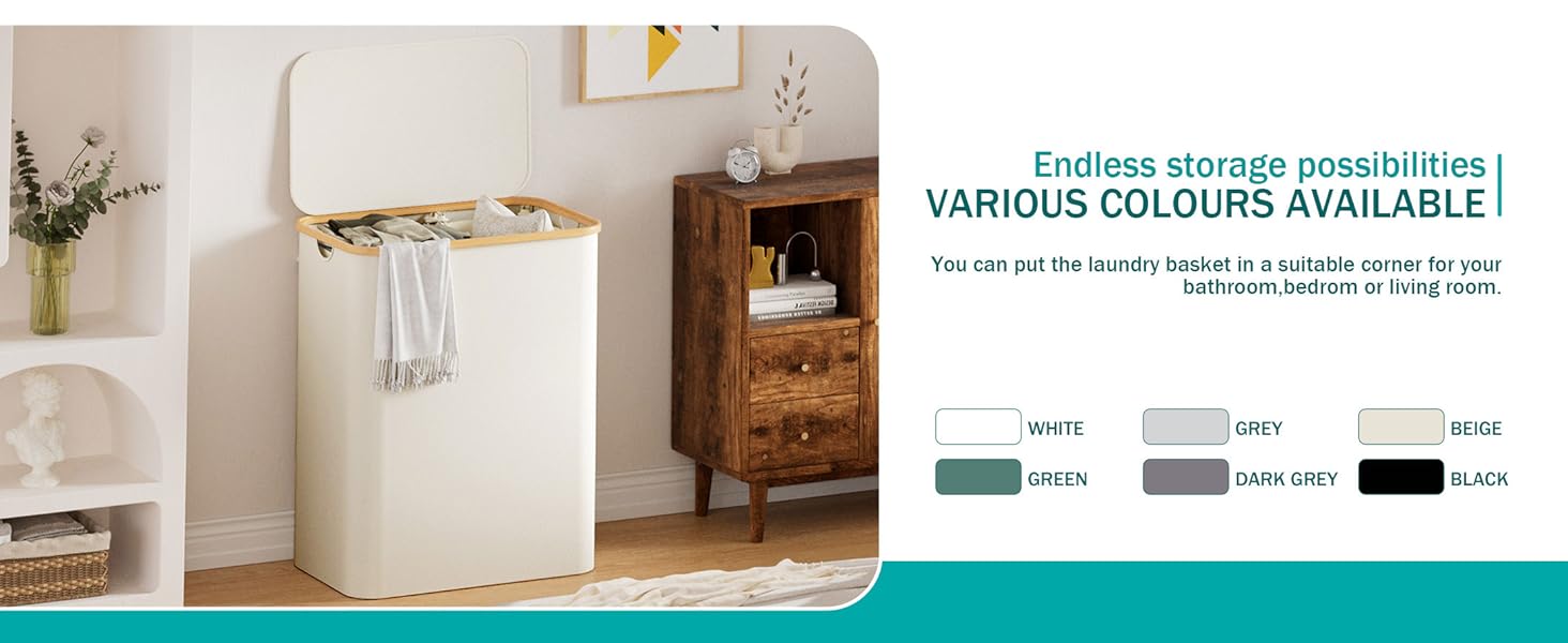 Кошик для білизни Youdenova з кришкою, великий, 160л, бамбук та дерево, сортувальник для білизни, білий