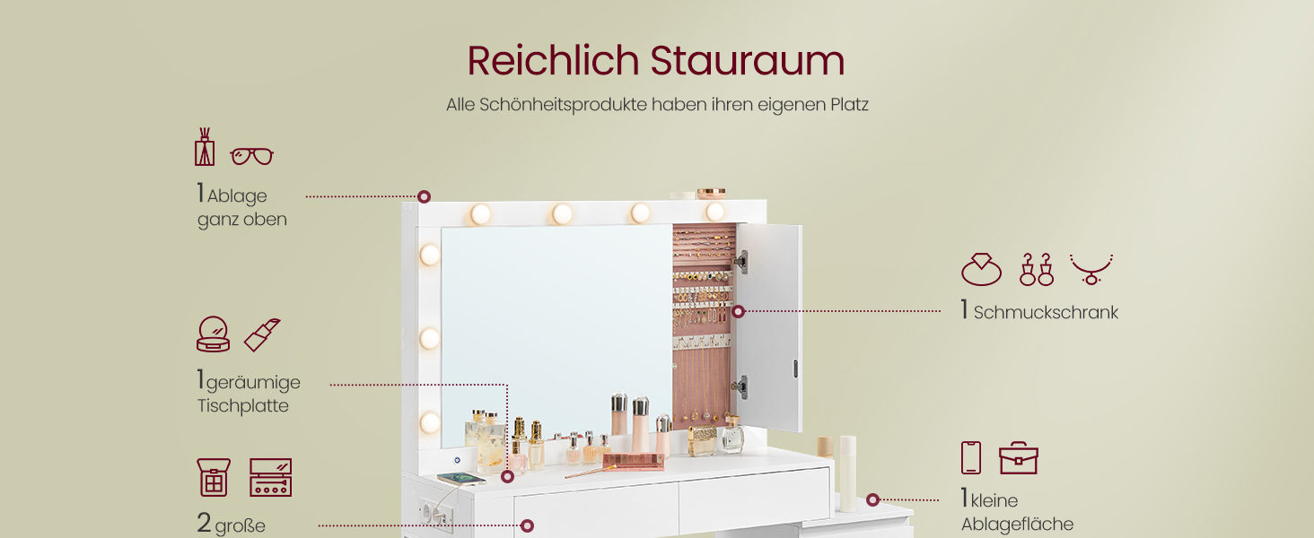 Трюмо VASAGLE з LED-підсвічуванням, дзеркалом та ящиками, 40 x 125 x 140 см, сучасний дизайн, колір