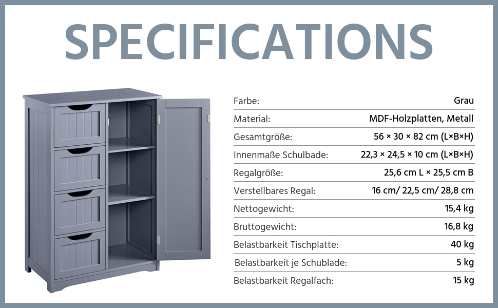 Шафа для ванної кімнати Yaheetech з 4 шухлядами та 2 дверцятами, підлогова шафа-комод для ванної, вітальні, коридору, кухні, білий, 81 x 30 x 83 см