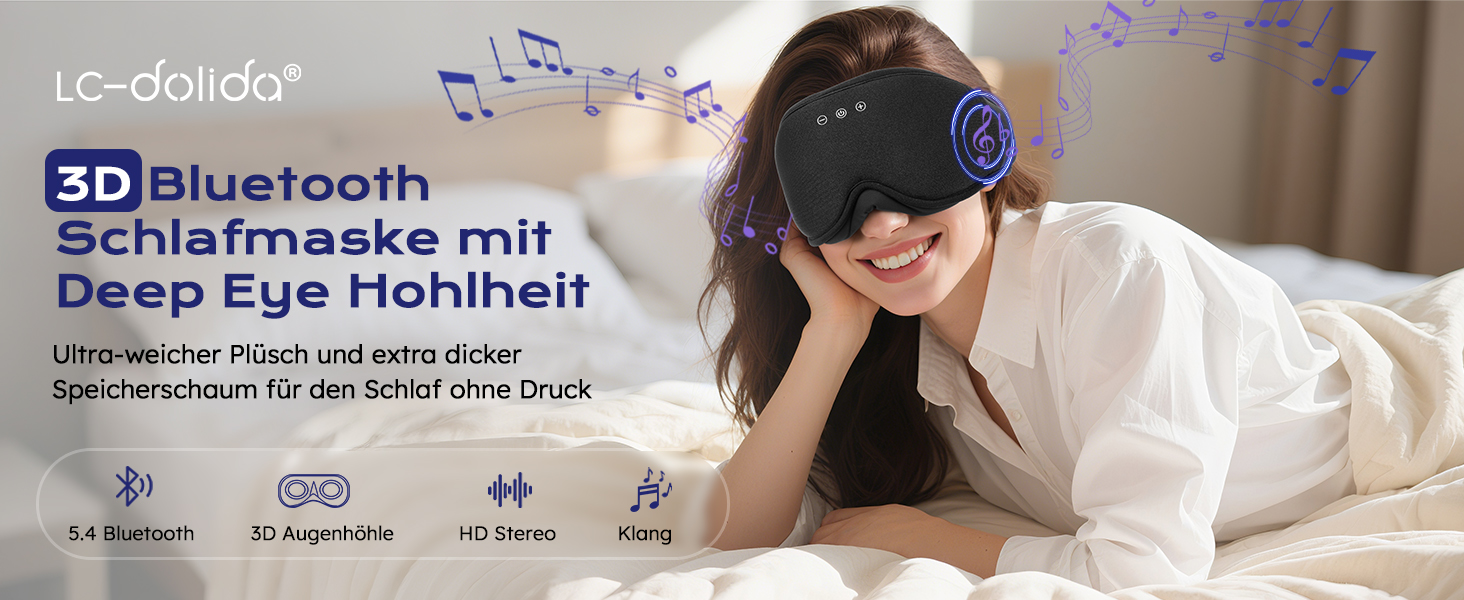 Маска для сну з навушниками Bluetooth 3D LC-Dolida для жінок та чоловіків, повна світлоізоляція, комфорт протягом усієї ночі, м'які навушники для сну під час подорожей, чорний колір