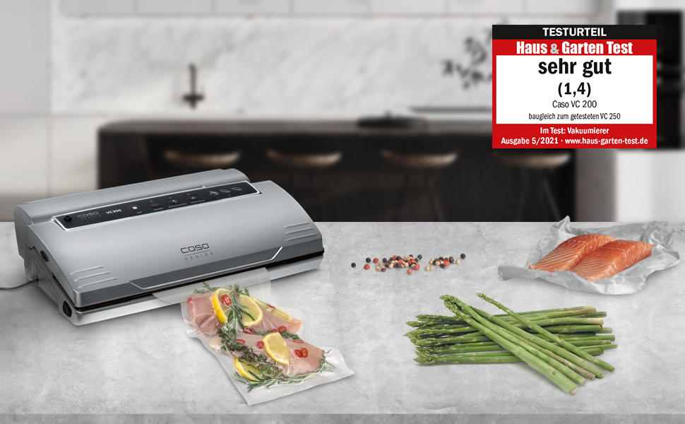 Вакууматор CASO VC200 для продуктів харчування з подвійним швом, вбудованим різаком та набором рулонів